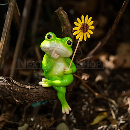 Hand Painted Frog Figurine With Sunflower Outdoor Garden Planter Decor