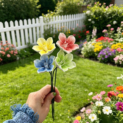 Set of 4 Handmade Ceramic Flower Garden Stake Plant Pot Decor